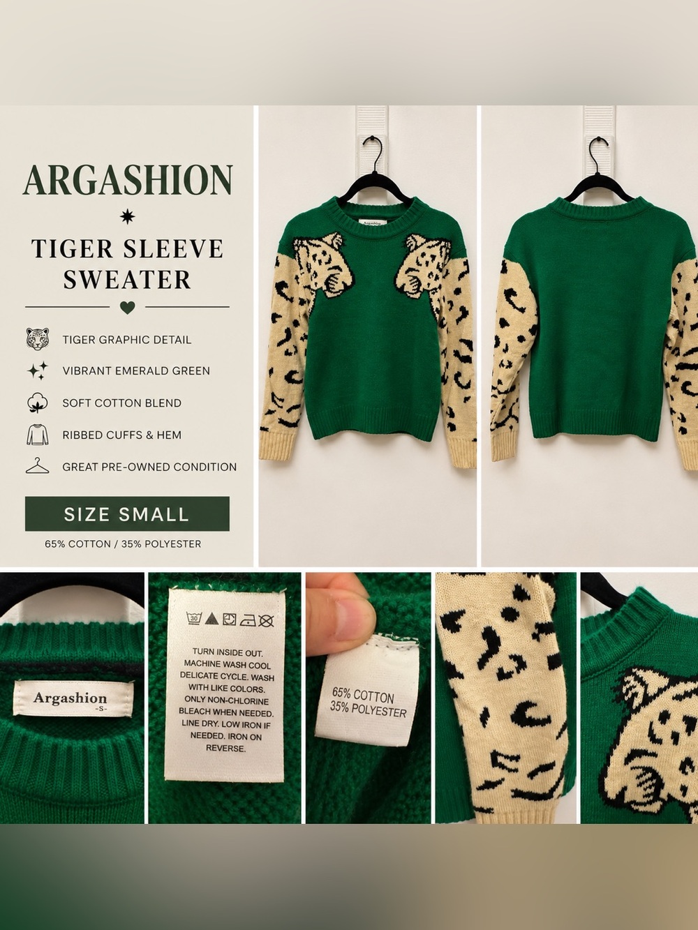 Argashion Emerald Green Tiger-Sleeve Crewneck Sweater - Small